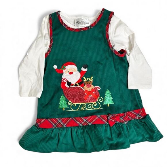 EUC Rare Editions Toddler Girls Green Corduroy Santa Dress Plaid Trim - Size 2T - Picture 1 of 9